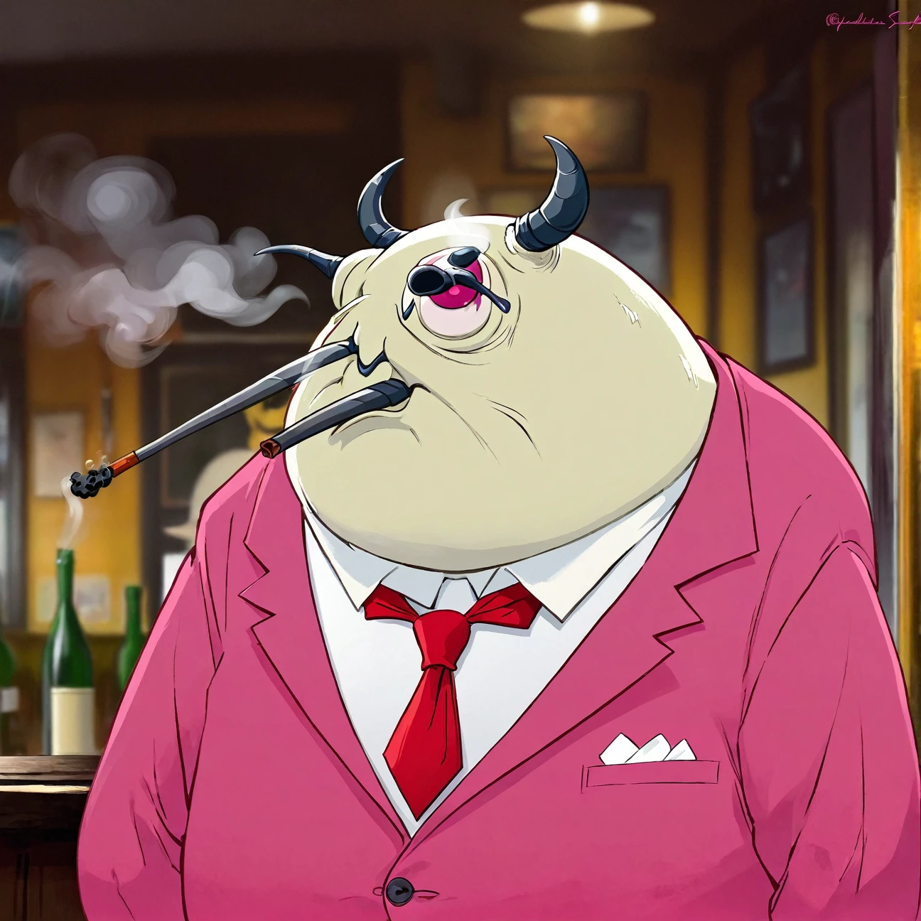 White Longhorns Beetle, Circle Eye, Deerstalker, pink Tuxedo Jackets, red tie, by Guillaume Singlin \(skchkko\), looking at viewer, angry and Revulsion, smoking cigar at the bar