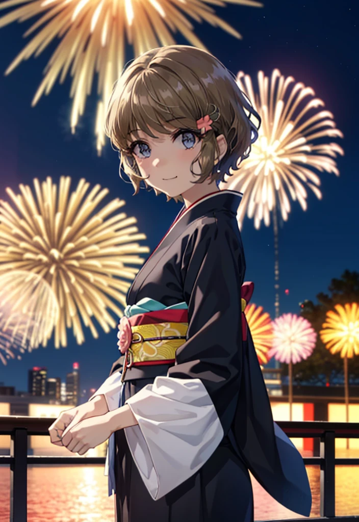 tomoekoga, Chie Koga, short hair, Brown Hair, blue eyes, Flower Hair Ornaments,smile,black kimono,Wide sleeves,日本のFestivalり,夏Festivalりの屋台,Red lantern,Fireworks in the night sky,Fireworks、The place is a fireworks display,Time is night,sunny day,turn around,whole bodyがイラストに入るように
break outdoors,Festival ,
break looking at viewer, whole body,(Cowboy Shot:1.5),
break (masterpiece:1.2), Highest quality, High resolution, unity 8k wallpaper, (figure:0.8), (Beautiful attention to detail:1.6), Highly detailed face, Perfect lighting, Highly detailed CG, (Perfect hands, Perfect Anatomy),