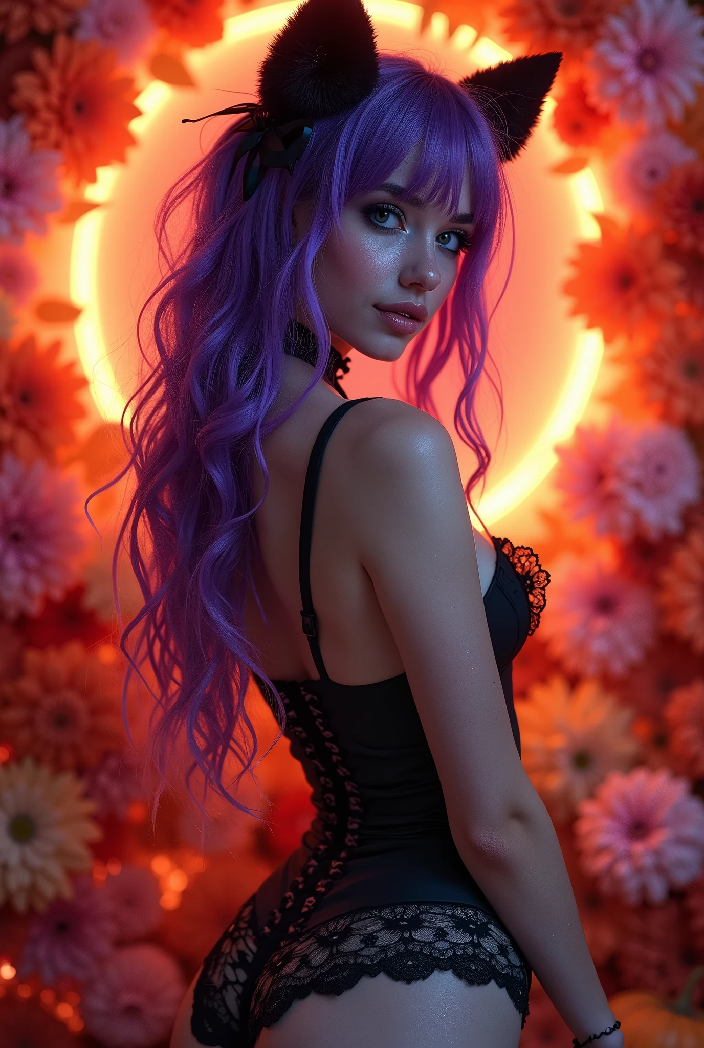 A hauntingly beautiful portrait of a gothic gyaru girl, sporting vibrant orange and pink ombre flowers as the backdrop. Her smiling face glows with an otherworldly allure, framed by luscious purple flowing hair that cascades down her back like a dark waterfall. A garter belt cinches at her waist, accentuating her slender figure, while delicate lace underwear peeks out from beneath, exuding sweet and sexy charm. She poses seductively, as if beckoning the viewer into a realm of Halloween magic.