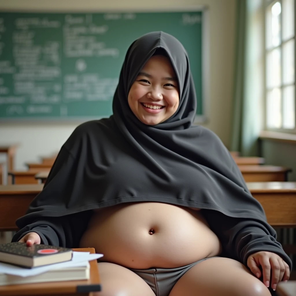 Plump , sweating vaginatiful girl wearing narrow dark hijab malay teenage girlyears old, kelantanese look, cute girl face, smiling, eyes looking at camera, grin, big laugh, nude, naked, nakody, son vagio clothes, nthing, bists about to burst out, closeup veup view, chubby body, showing vagina, vview, plump thigh, realistic skin, view frow, spreaegs on desk, in empty classroom, books on table, hand holding smartphone, day time, sun light, 8k resolution, high quality, ultra detail
