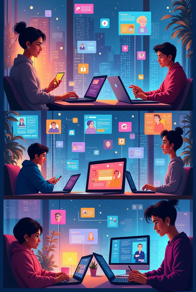 A quick animation or montage of people using the internet in different contexts, how to work remotely, Social media, e-commerce, e streaming