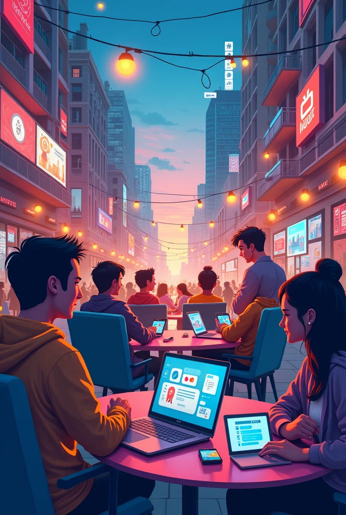 A quick animation or montage of people using the internet in different contexts, how to work remotely, Social media, e-commerce, e streaming