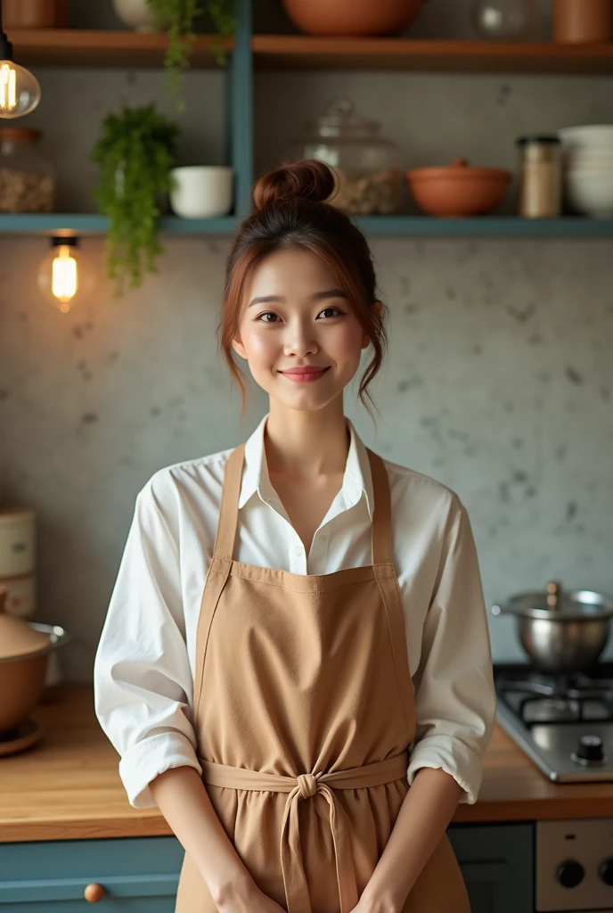 Tabletop, Highest quality, shape, Very detailed, In detail, High resolution, 8k wallpaper, perfection dynamic composition, Beautiful details, Tight Mini,Natural color lip, Randomly sexy poses,kitchen、(40-year-old woman、Asian、Short Woman、Model body type)、(A small, single bun hairstyle)、Light brown hair、slender、Are thin、Small breasts、(Flat Chest:1.6)、(Small bust size:1.6)、cute、sexy shot looking at camera,apron,perfection, Beautiful and cute face