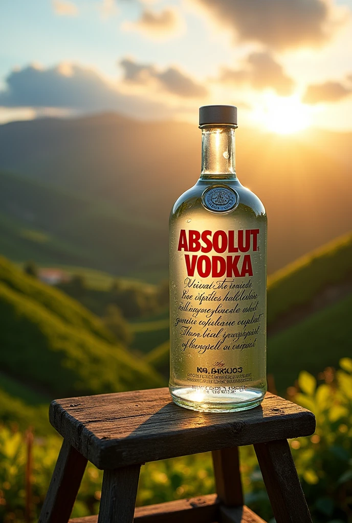 A bottle of Absolut vodka on a Colombian ladder with a coffee landscape in the background.