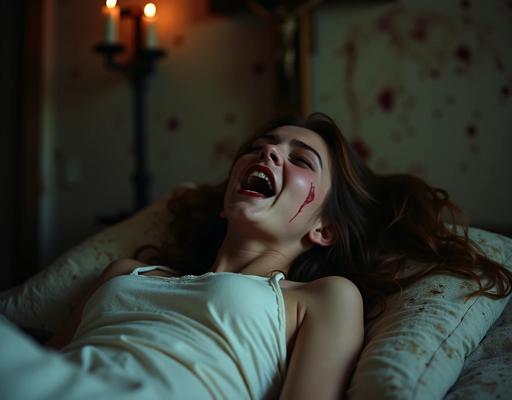 exorcist, An old house deep in the mountains of Europe, Beautiful 15-year-old American girl possessed by demons, On the bed, Goal, ugly pupils, Arms tied to bed, Leg seat, Girl in a whitish camisole, Self-inflicted scars on the face or body, Girl opens her mouth wide, Brow wrinkles, Growling in demonic form, Baby Face, Beautiful America, Various hairstyles、Blonde、 (Photo realistic: 1. 4), Shot with Canon 5D MK4, Shot with Canon EOS 5D Mark IV, Shot with Canon EOA 6D Mark II, Highly detailed face and skin texture, Detailed eyes, Double eyelids, Face-to-face configuration, Various poses, (8k (8k, Best image quality, Mastepiece: 1.2), (Realism, It&#39;s photorealistic: 1.37) Super Detail, One, Wounded Body, Pale Skin Tones, A bleak, dark room, Candles on the shelf, A Christian cross hangs on the wall, Dirty skin and clothes, Bloodstained Sheet, Veins on the face, Scars on the wall、Bloodstain、Creepy Smile、Yellow-green liquid