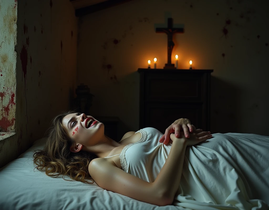 exorcist, An old house deep in the mountains of Europe, Beautiful -yeld Amcan girl possessed by demons, On the bed, Goal, ugly pupils, Arms tied to bed, Leg seat, Girl in a whitish camisole, Self-inflicted scars on the face or body, Girl opens her mouth wide, Brow wrinkles, Growling in demonic form, Baby Faceul America, Various hairstyles、Blonde、 (Photo realistic: 1. 4), Shot with Canon 5D MK4, Shot with Canon EOS 5D Mark IV, Shot with Canon EOA 6D Mark II, Highly detailed face and skin texture, Detailed eyes, Double eyelids, Face-to-face configuration, Various poses, (8k (8k, Best image quality, Mastepiece: 1.2), (Realism, It&#39;s photorealistic: 1.37) Super Detail, One, Wounded Body, Pale Skin Tones, A bleak, dark room, Candles on the shelf, A Christian cross hangs on the wall, Dirty skin and clothes, Bloodstained Sheet, Veins on the face, Scars on the wall、Bloodstain、Creepy Smile、Yellow-green liquid