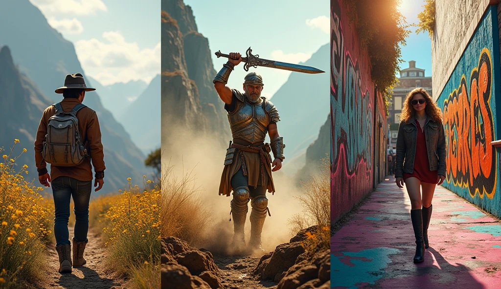A split image showing three different scenes: one of a pioneer exploring a rugged terrain, one of a warrior in battle gear with a sword raised, and one of a stylish trendsetter on a city street with a confident pose. Each scene reflects the different archetypes of Aries, with vibrant colors and dynamic compositions. --ar 16:9