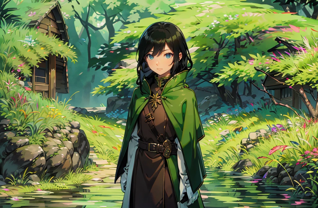 yuichiro hyakuya girl, (WithoutFear:1), 1 girl, black hair, green eyes, brown coat, gray armor, elves, sylvan, green shield, green cloak, dark brown gloves, forest, white fur trim, anime, standing, good quality, portrait, looking at viewer
