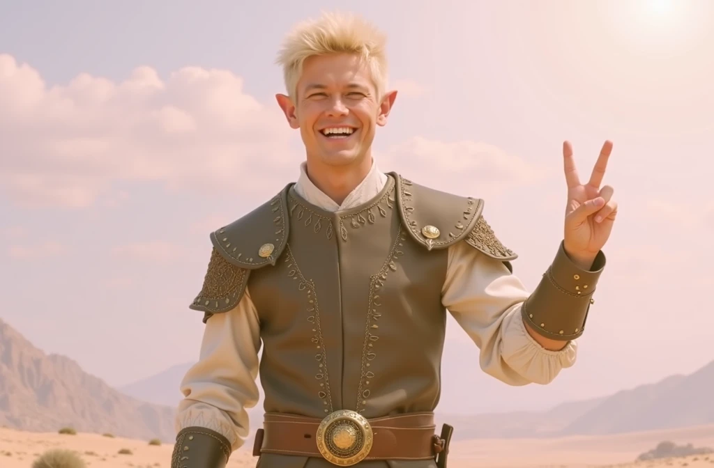 Elf Man , short blonde hair, smiling, wearing a leather armor and medieval clothing, doing the rock hand sign, in a desert, best qualityer, high fantasy.