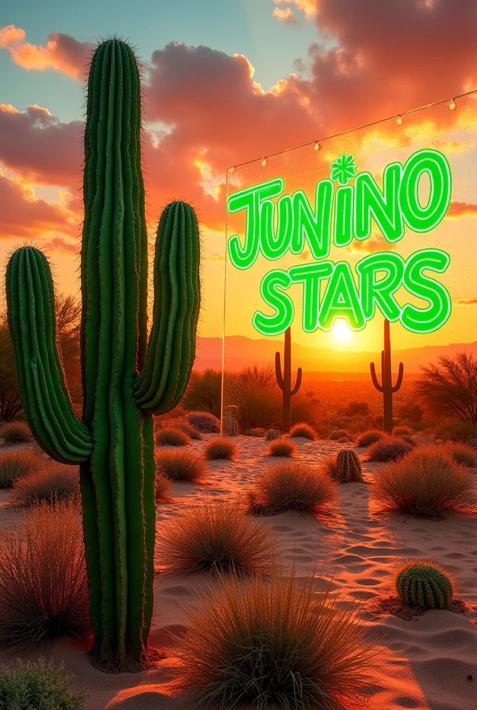 the name (Juninho stars) written on the plastic with neon green letters and a cactus on the side (desert background)