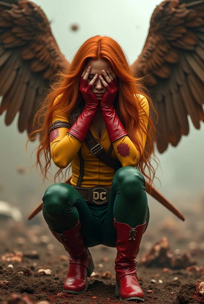 A beautiful woman Daniela Mercé under the mantle of the Thanagarian Warrior Shayera Holl aka Hawkgirl long orange hair reaching her knees with her hands on her face screaming exhausted after a battle blood around her Yellow leather top brown harness with thick straps protruding from her neck to her waist and green leather pants red boots and large red gloves brown wings reflecting her in the blood terrifying and bloody images two large wings protruding from her back Dc universe logo
