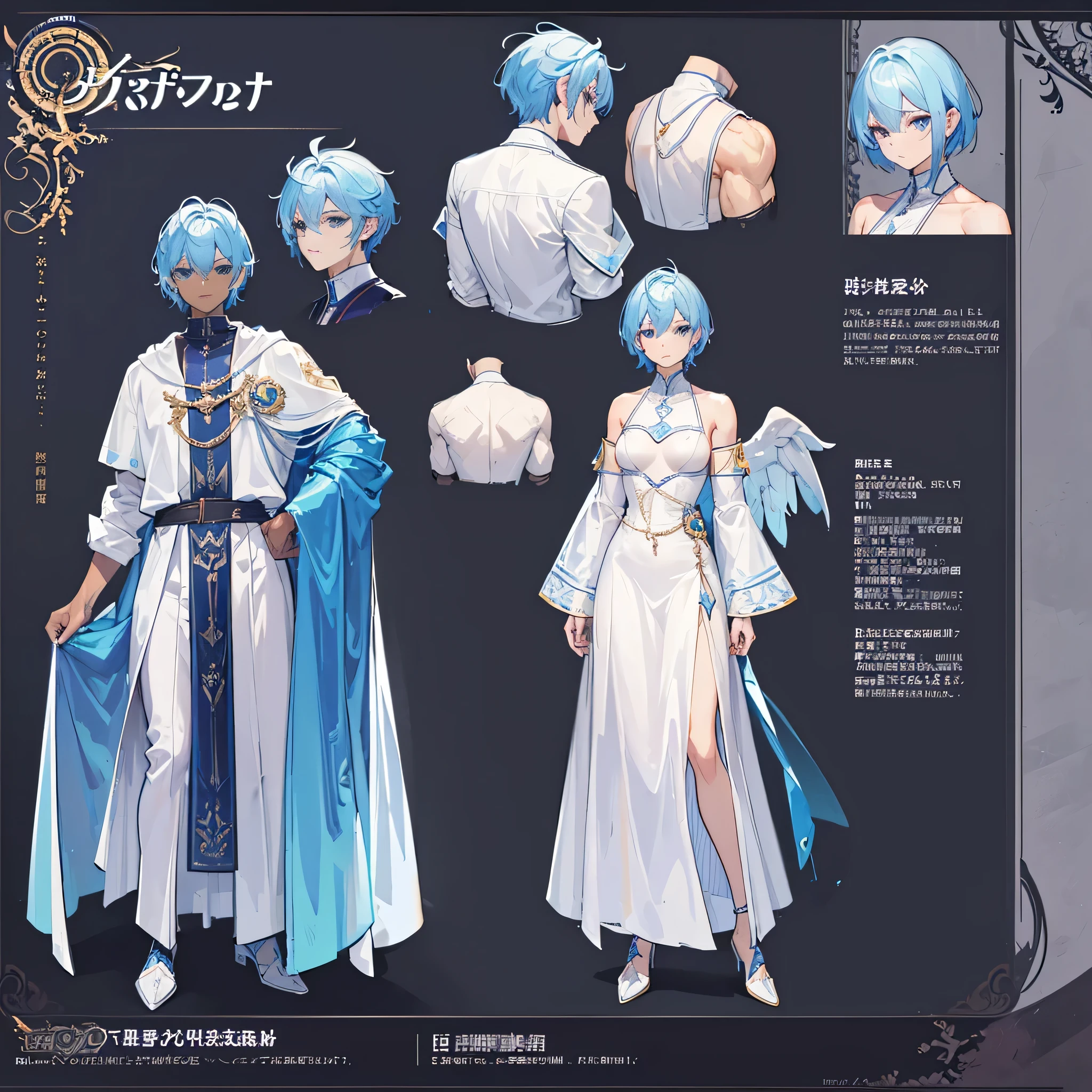 (Masterpiece, best quality), detailed, 1 man, ((character concept art)), ((character design sheet, same character, front, side, back)), full body, body complete, 1 Male angel, 1 Man angel, Detailed face, character design sheet,full bodyesbian, Highly detailed, character sheet, character design, Many parts, dark skin, angel wings, short blue hair, angel outfit, muscle male god, male clothes, masculine, muscle man, male muscle, manly, male angel, Muscle male with short blue hair,beautiful man, beautiful muscle man