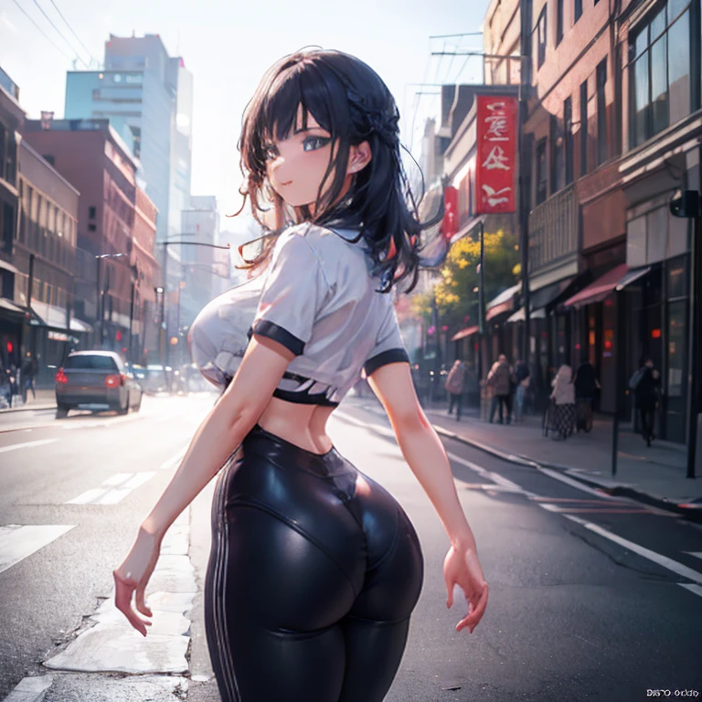 Anime Kawaii sexy Perfect Slim sensual body large breast and huge thighs, An intricate and highly detailed illustration of anime (Young girl) a girl walking in a city, wearing tight leggings that show off her large butt, leggings visible lines, frontal view, looking at the camera, sensual expression, (best quality,4k,8k,highres,masterpiece:1.2),ultra-detailed,(realistic,photorealistic,photo-realistic:1.37),hyperrealistic,extremely detailed face and body, detailed eyes and lips, flawless skin, fashionable outfit, natural lighting, vibrant colors, cinematic composition, dramatic atmosphere