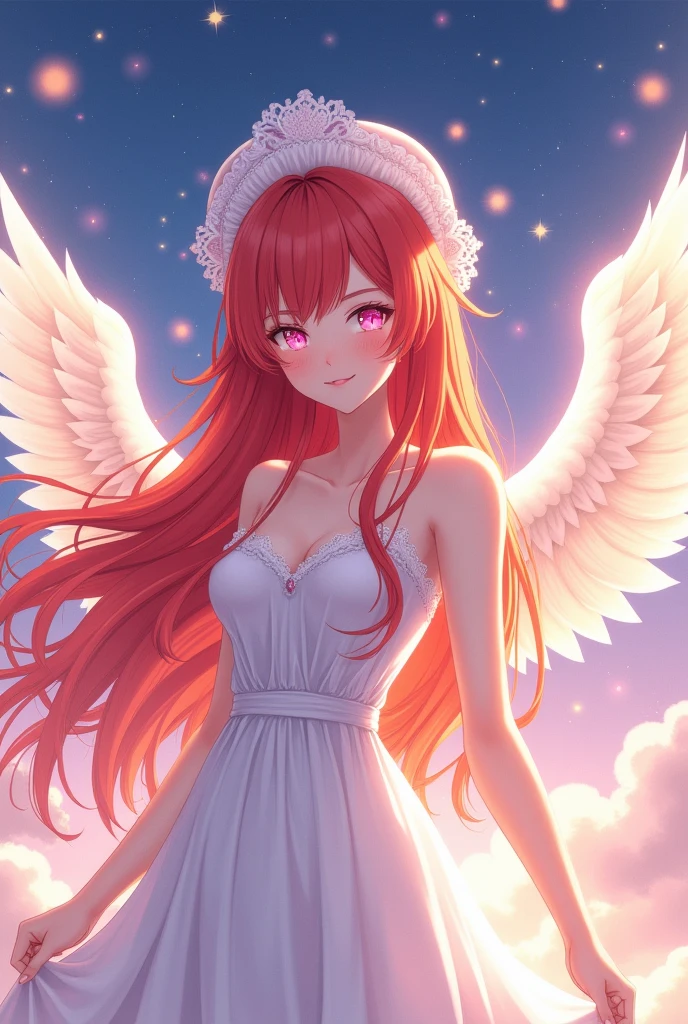 An anime style woman, with long red hair, pink eyes, white gown, White hat, with angel wings, half of the body