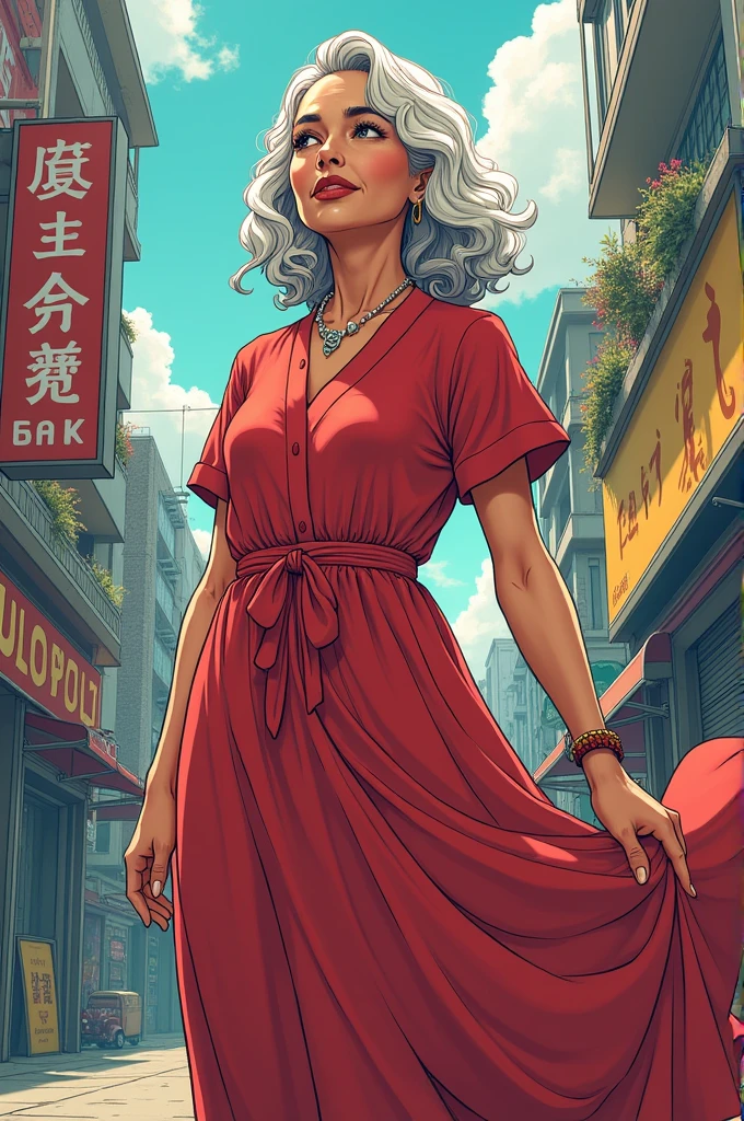 Make me a picture, boku no hero comic style, A brown-skinned woman who appears to be 64 years old, Her hair is white and gray and curly, And her eyes are dark brown. She's wearing a long dress. She has wrinkles and aged skin., She's wearing a dress and standing
