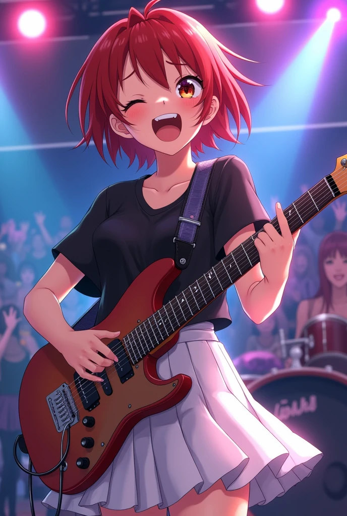 ((masterpiece,best quality))1girl, solo, kita ikuyo, singing, opened mouth, electric guitar, guitar, holding, holding plectrum, instrument, short hair, music, one side up, red hair, playing guitar, white pleated skirt, black shirt, outdoor, music concert, stage