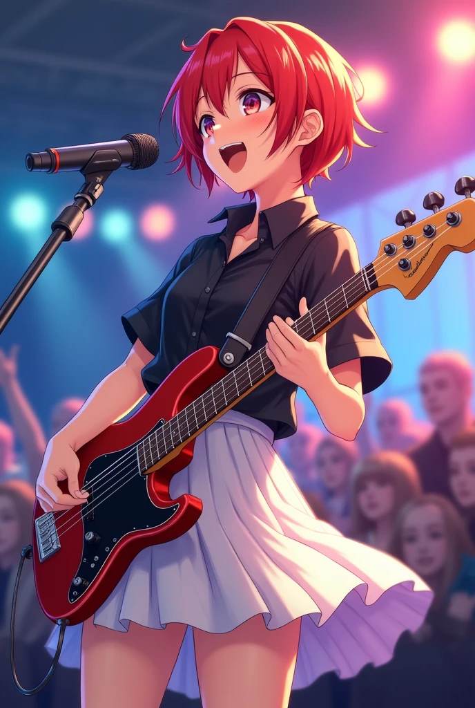 ((masterpiece,best quality))1girl, solo, kita ikuyo, singing, opened mouth, electric guitar, guitar, holding, holding plectrum, instrument, short hair, music, one side up, red hair, playing guitar, white pleated skirt, black shirt, outdoor, music concert, stage