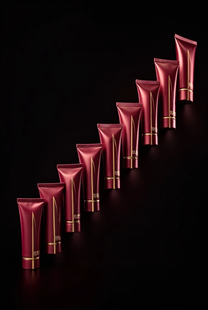 diagonal row of tubes with maroon packaging and gold accents black background