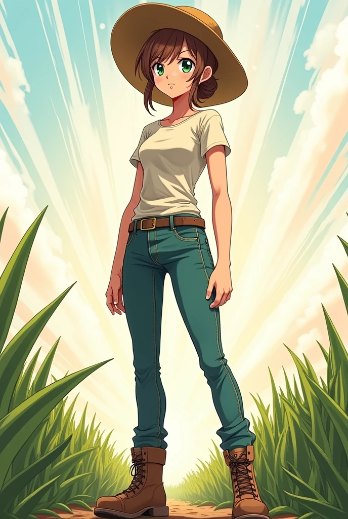 Lyra is a woman of average height with a strong, athletic build., result of his outdoor work. she has light brown hair, which is usually kept tied up in a practical bun. Her eyes are a deep green and her skin is tanned from sun exposure.. Wear comfortable and functional clothes, Clara wears jeans, tshirts, work boots and wide-brimmed hat for sun protection.
I want it in the anime style of My Hero Academia and I only want the avatar.