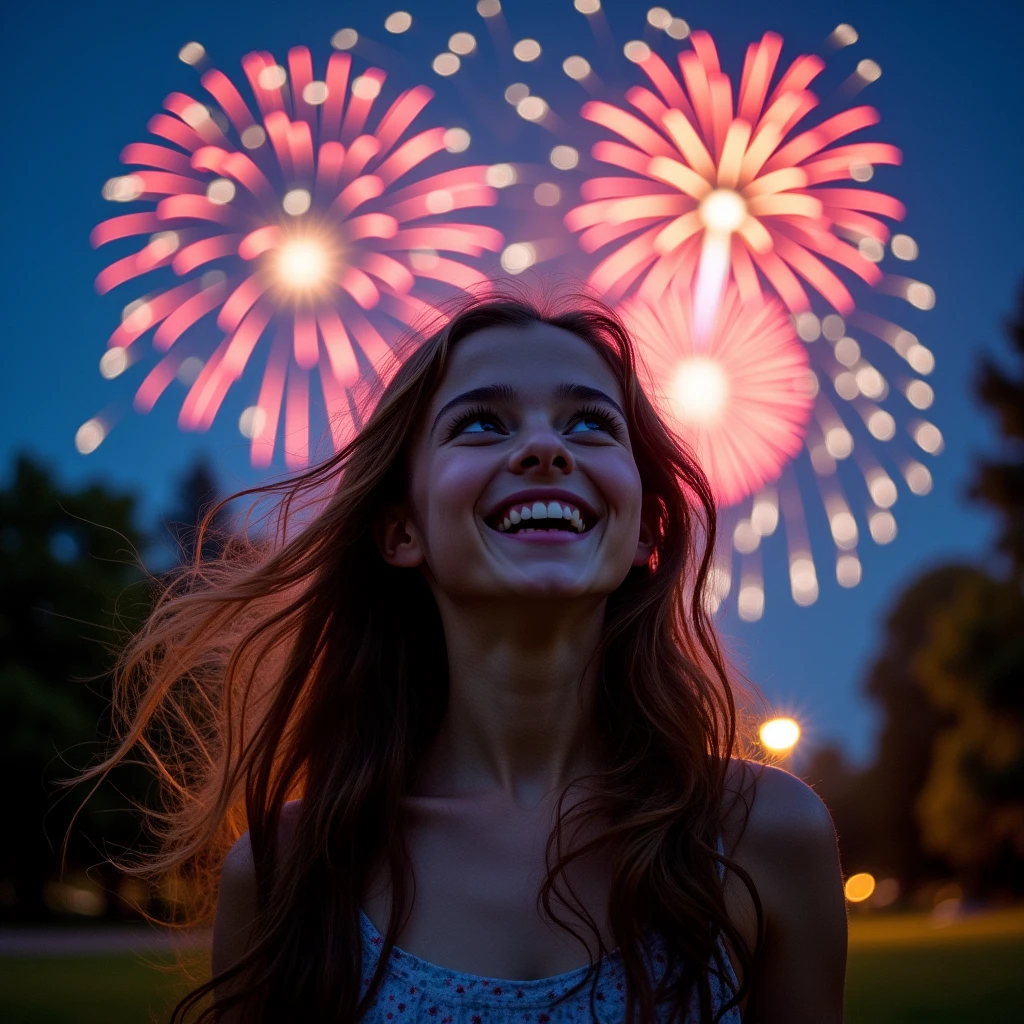 Many fireworks in eyes of young lady at night