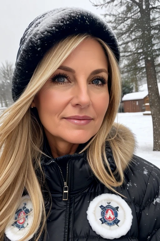 Close view, of middle aged, 50 year old, mom, gilf, milf, face portrait, chubby, long blond hair, black moncler puffer jacket, in cozy snow