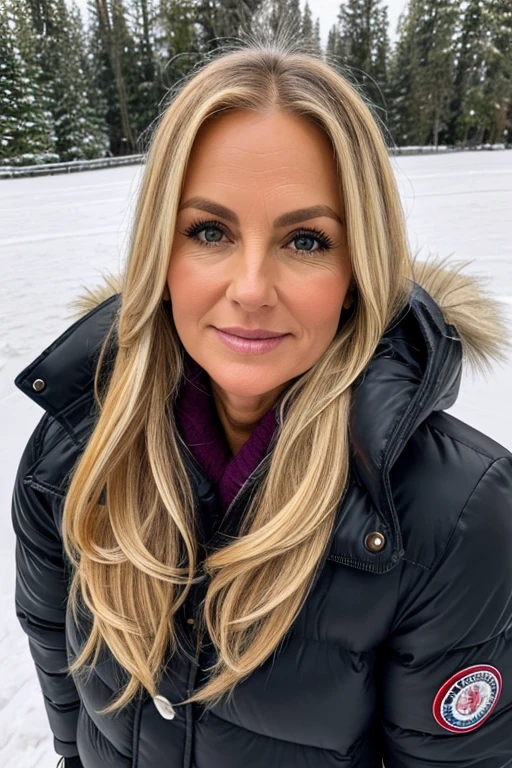Close view, of middle aged, 50 year old, mom, gilf, milf, face portrait, chubby, long blond hair, black moncler puffer jacket, in cozy snow