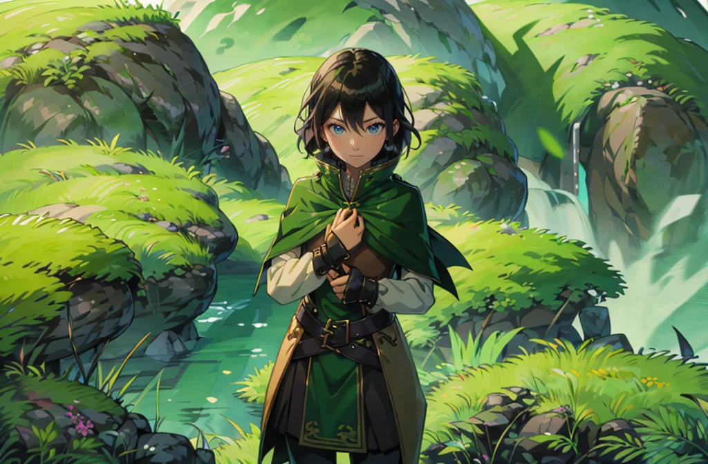 yuichiro hyakuya girl, (WithoutFear:1), 1 girl, black hair, green eyes, brown coat, gray armor, elves, sylvan, green shield, green cloak, dark brown gloves, forest, white fur trim, anime, standing, good quality, portrait, looking at viewer