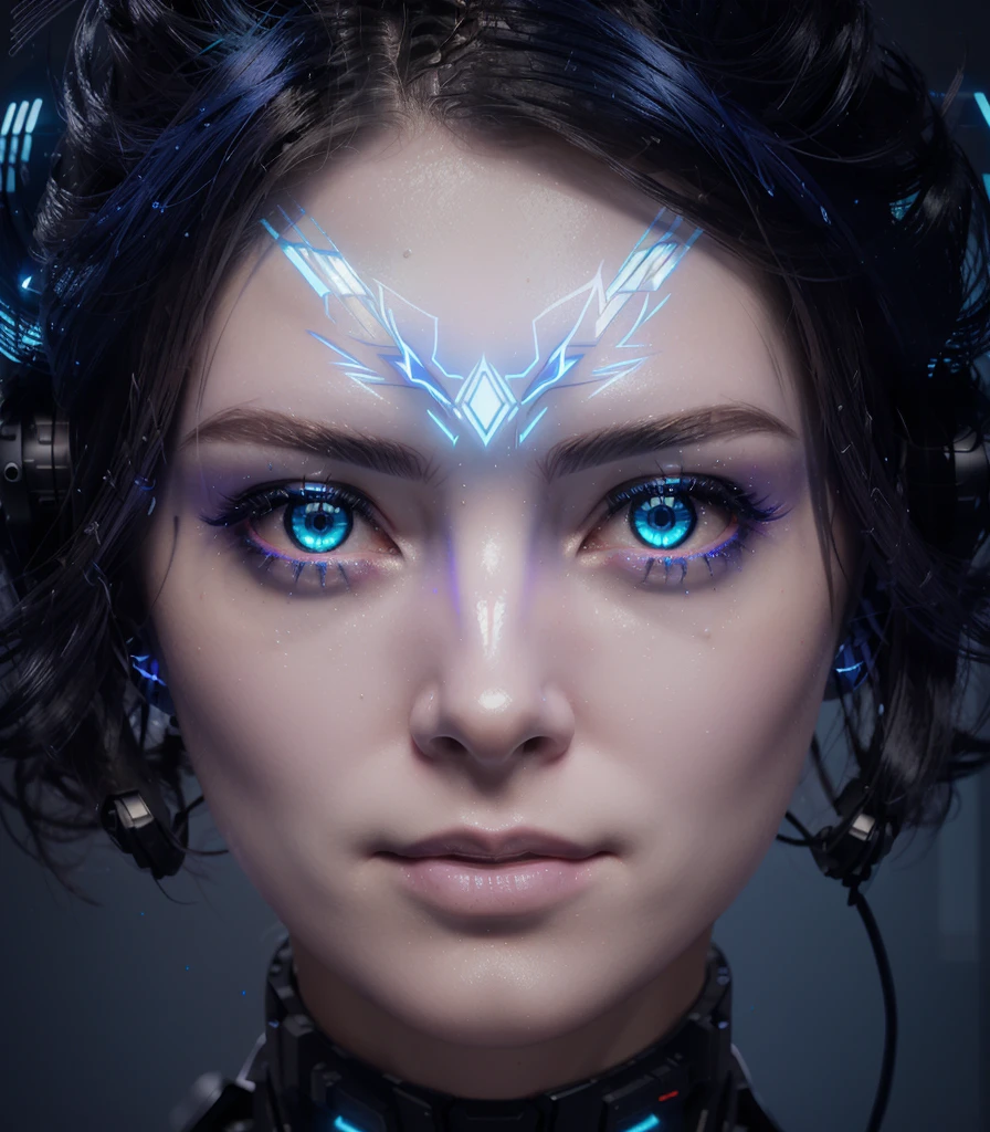 cyberpunk replicant woman, female robot, 1 girl, glowing hologram diadem, glowing light blue eyes, cybernetic robot pupils, glowing eyes, cinematic, sci-fi style, mecha, ultra-detailed, 8k, HDR, physically-based rendering, vivid colors, dramatic lighting, dramatic shadows, high contrast, moody, chiaroscuro, neon lights, blue and purple color palette, chrome, metallic, futuristic, intricate details, mechanical elements, complex machinery, advanced technology, digital art, concept art