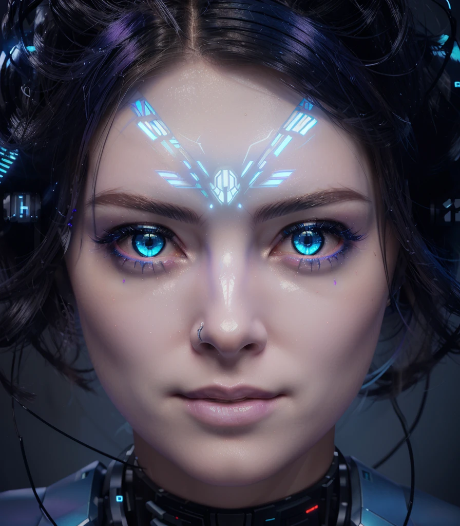 cyberpunk replicant woman, female robot, 1 girl, glowing hologram diadem, glowing light blue eyes, cybernetic robot pupils, glowing eyes, cinematic, sci-fi style, mecha, ultra-detailed, 8k, HDR, physically-based rendering, vivid colors, dramatic lighting, dramatic shadows, high contrast, moody, chiaroscuro, neon lights, blue and purple color palette, chrome, metallic, futuristic, intricate details, mechanical elements, complex machinery, advanced technology, digital art, concept art