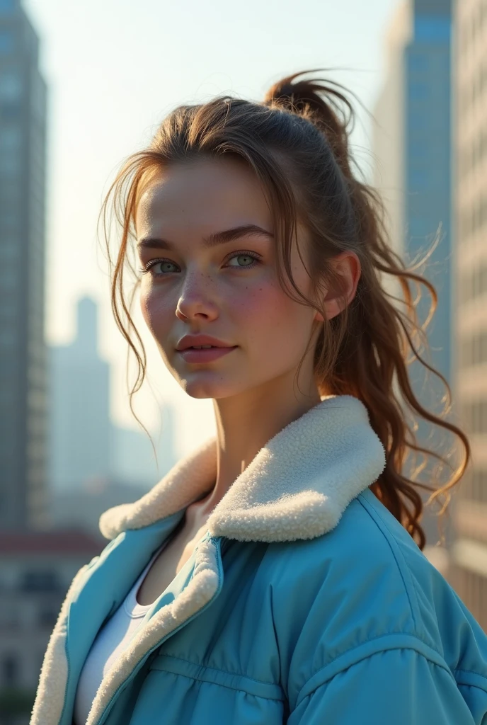 29 years old, light brown hair , White skin, Realistic collected in a messy ponytail , bright blue white coat, Slim build with an athletic appearance has a small scar on the right eyebrow , 8k image, Realistic human skin, Real image,