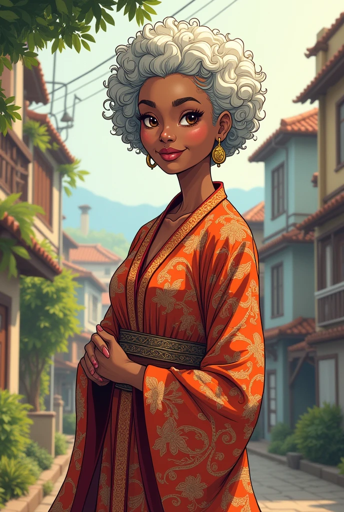 Make me a picture, boku no hero comic style, A brown-skinned woman who appears to be 64 years old, Her hair is white and gray and curly, And her eyes are dark brown. She's wearing a long dress. She has wrinkles and aged skin., She's wearing a dress and standing