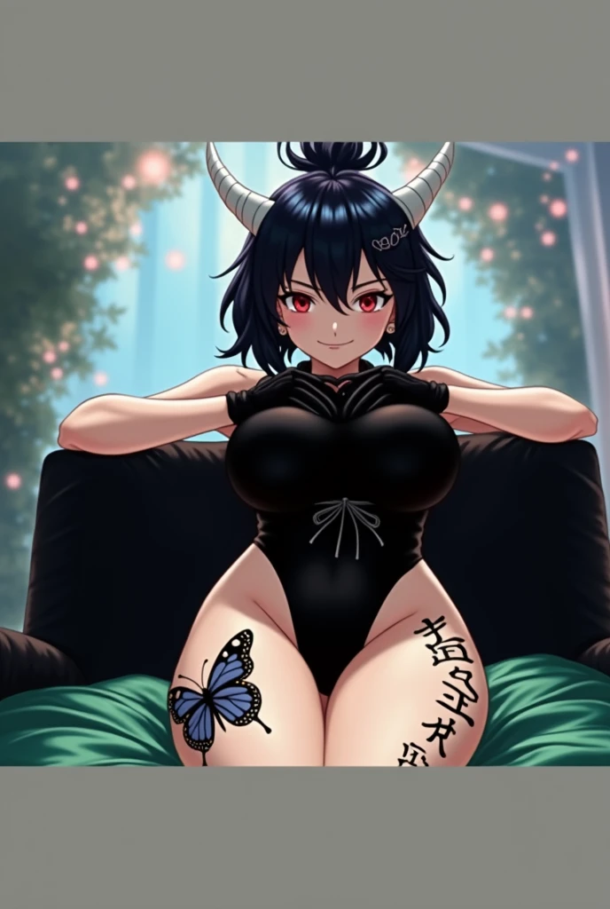 Anime mommy with black hair y2k Tied up and messy in the front and white horns and sexy bodysuit, with red eyes And a naughty face, Put a large black butterfly tattoo on one thigh and Japanese letters on the other, put elbow-length gloves on both arms 
