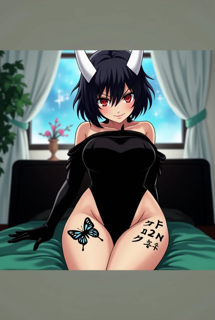 Anime mommy with black hair y2k Tied up and messy in the front and white horns and sexy bodysuit, with red eyes And a naughty face, Put a large black butterfly tattoo on one thigh and Japanese letters on the other, put elbow-length gloves on both arms 