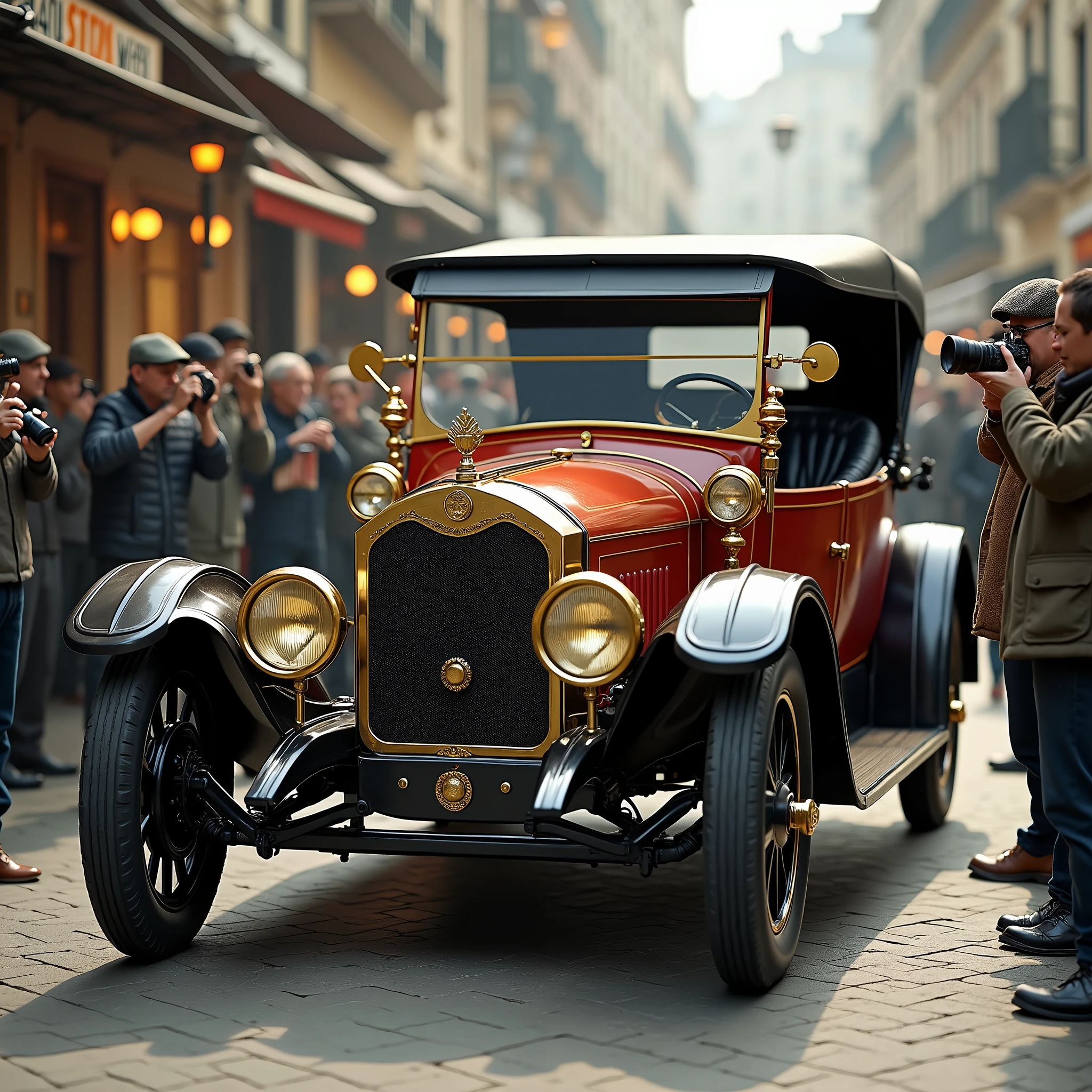 retro car shaped like horse-drawn carriage, photo session, and many photographers taking photos, (ultra detailed, absolutely resolution, best quality:1.3), 2.5D, delicate and dynamic, artistic photography, hyper realistic, 1905s car like first ford-F