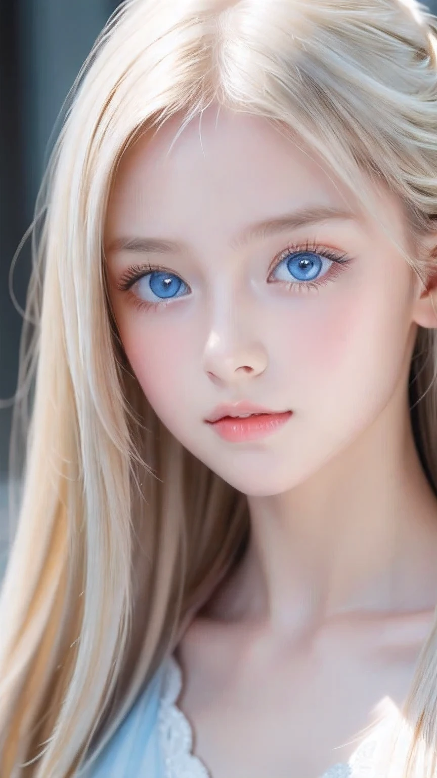 Portrait、、bright look、ponytail、bangs between eyes、bangs on the face、Young, shiny, white, glossy skin、gross face、cheek gloss highlight、best beauty、blonde reflection、Platinum blonde hair with dazzling highlights、shiny bright hair,、super long silky straight hair、Shining beautiful bangs、Attractive, beautifully shining, very bright, light blue eyes、very big eyes、Very beautiful nice cute 15 year old beautiful girl、rich bust、small face beauty、
