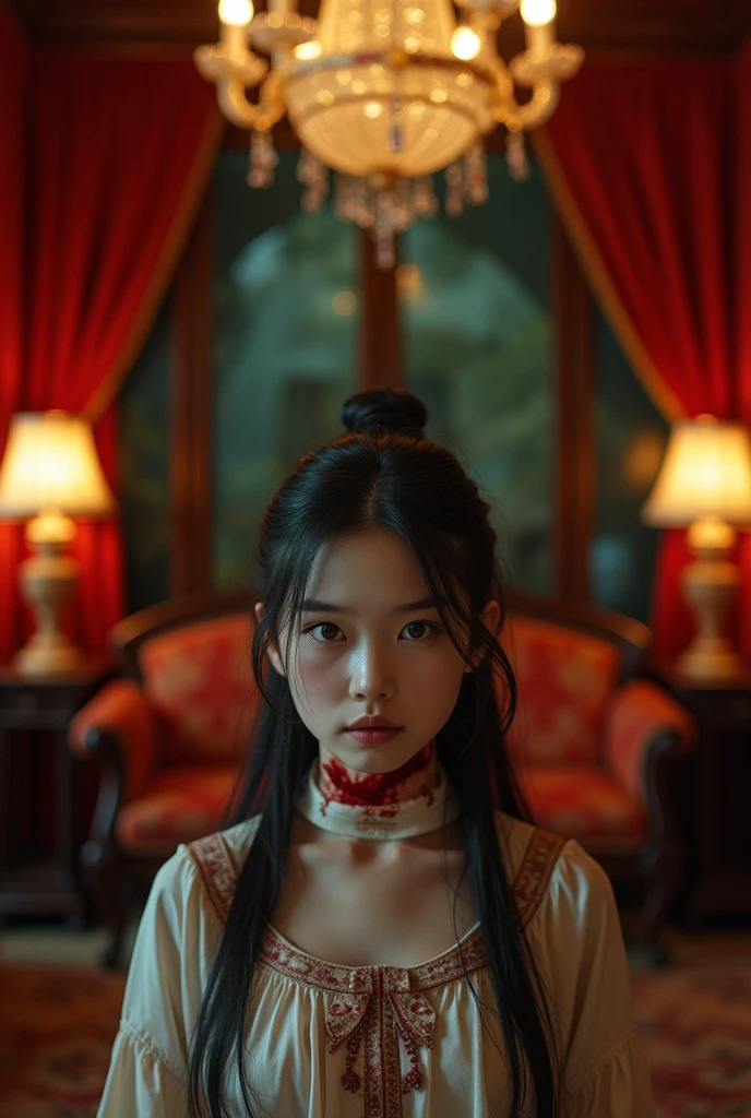 Chinese, very cute beautiful woman, killer stuck a knife in his throat of a boy blindfold bloody in n eck sadism, luxury house