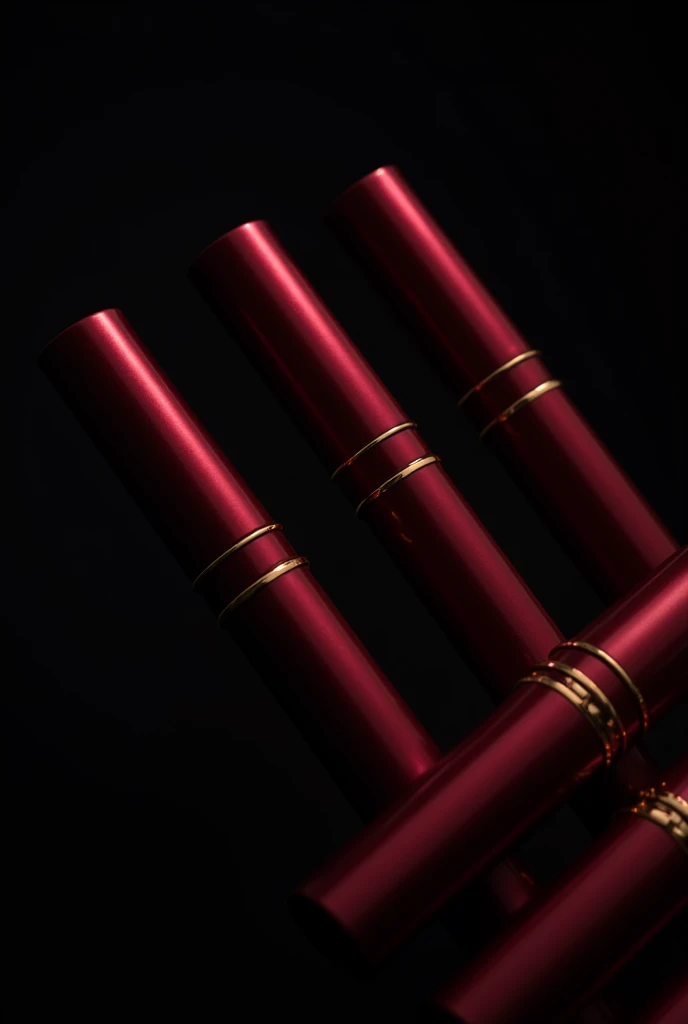 diagonal row of cylindrical mascara tubes with maroon packaging and gold accents black background no lettering on tubes