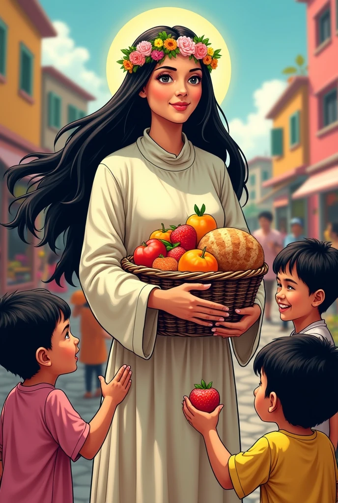 Manga style drawing of SANTA ROSA DE LiMA helping the needy by donating food