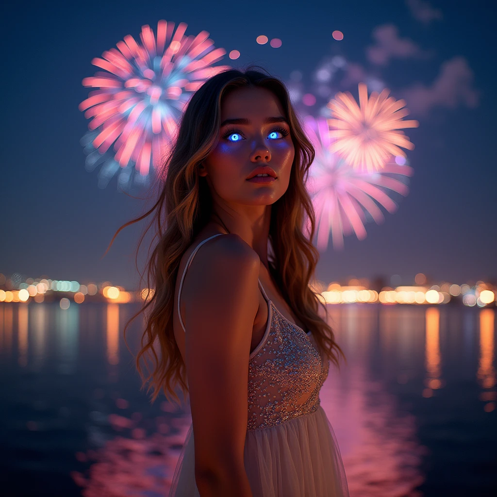 Many fireworks in eyes of young lady at night