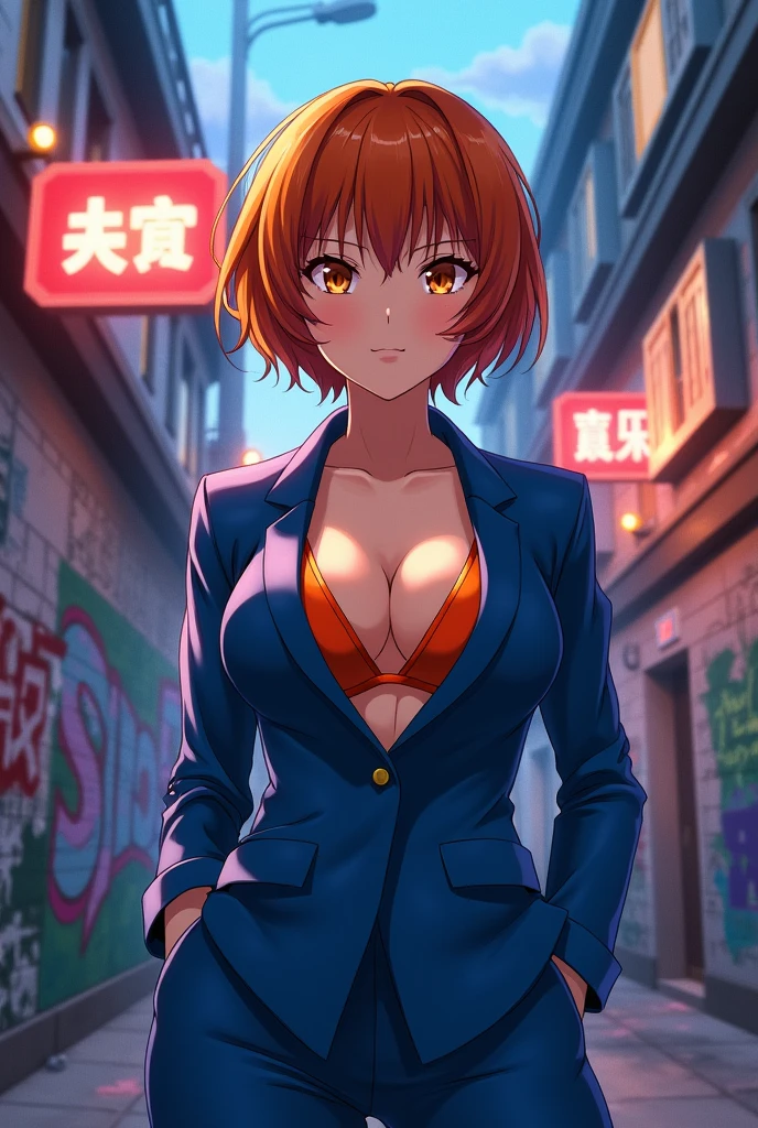 Nobara Kugisaki, orange brown hair,orange bra, short hair,blue suit , anime image.