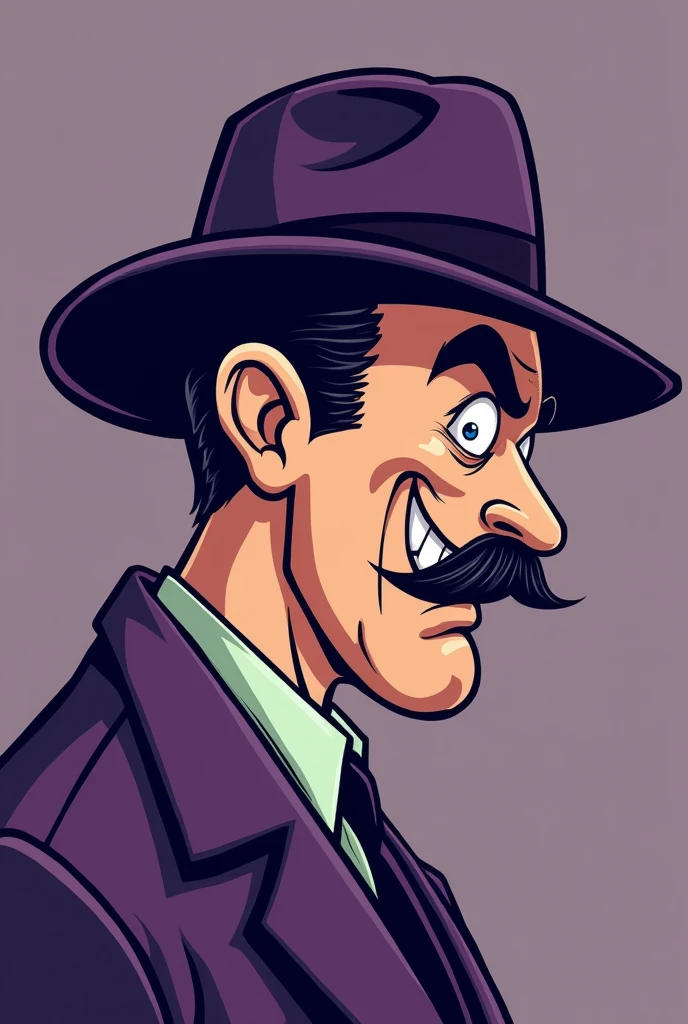 retro cartoon, gangster mascot type, image only of a profile face with only purple colors. light green and beige