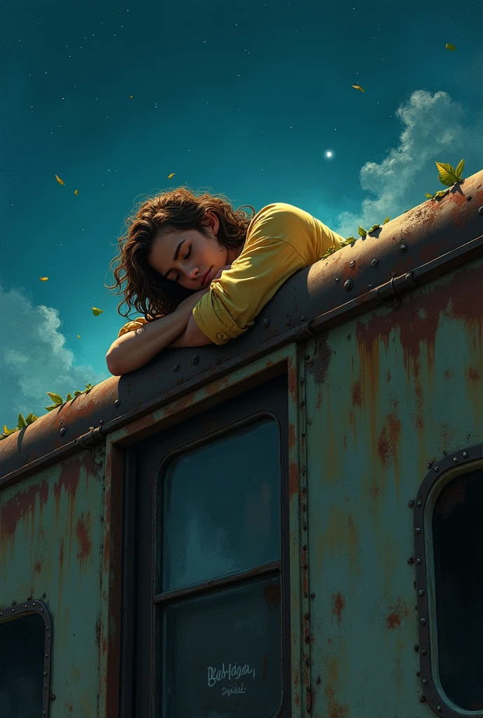 Artwork of a teenage male with long brown hair in loose curls, wearing a light yellow shirt, looking sad, lying down with details on top of an old abandoned train at night. Best quality, ultra-detailed.
