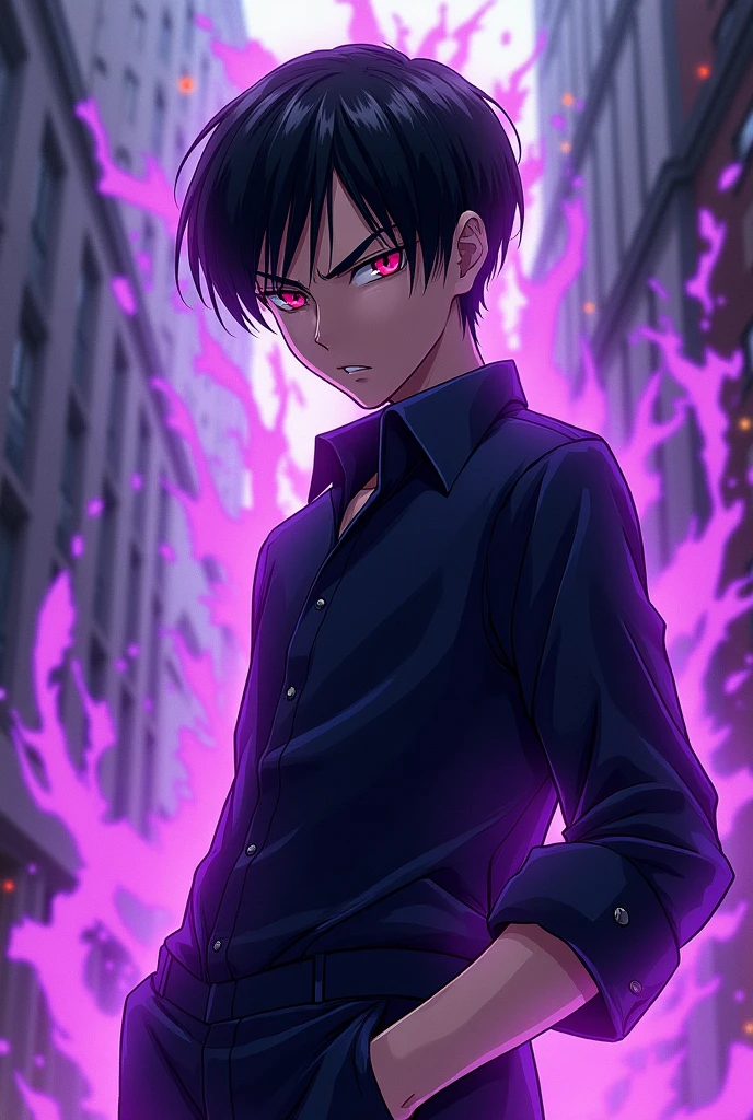 Tall and strong 18 year old boy, with black and straight hair, annoyed look, Purple aura with one black eye and red pupil, with shoto todoroki's design.