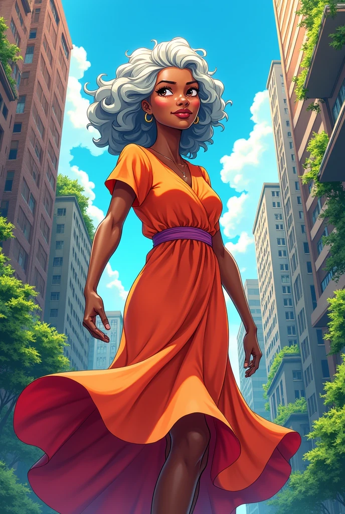 Make me a picture, boku no hero comic style, A brown-skinned woman who appears to be 64 years old, Her hair is white and gray and curly, And her eyes are dark brown. She's wearing a long dress. She has wrinkles and aged skin., She's wearing a dress and standing
