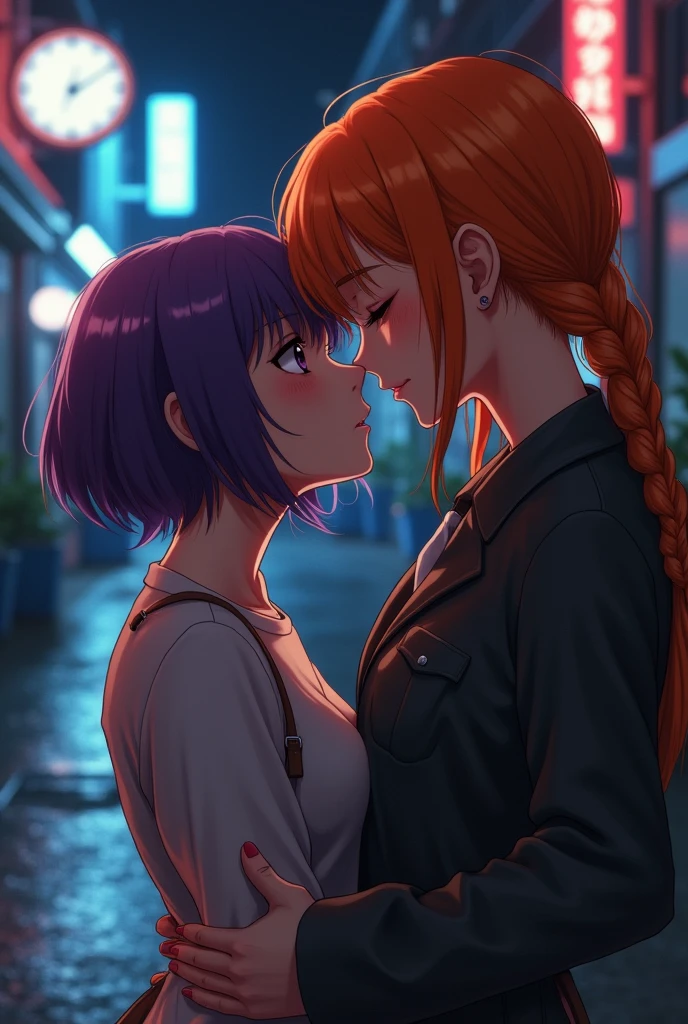 2 girls kissing, one has short shoulder-length hair and is purple, the other is taller, has orange hair and wears a braid, and is stabbing the purple-haired girl with a knife in her stomach