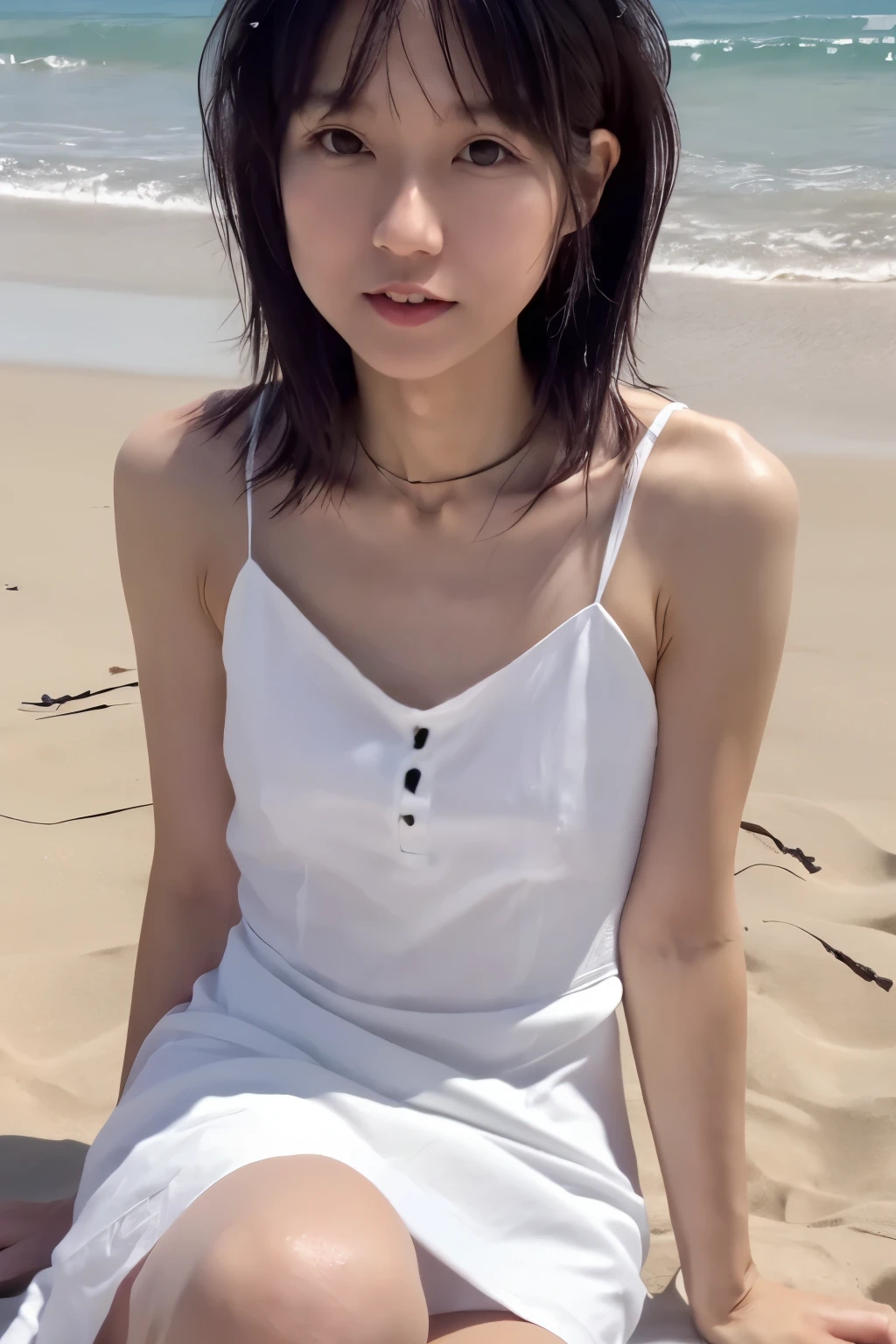 8k, highest quality, masterpiece, pornography, super high resolution, RAW Photos, One Girl, a skinny Japanese woman, 30 years old, thin waist, slender legs, sitting on the beach, a black hair, (wearing a white cotton dress next to the skin: 1.4), anatomically correct body, (cute face, detailed face, detailed eyes),