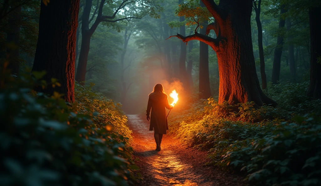 A close-up of a blazing trail in a dense forest, with a figure (Aries) leading the way, cutting through the undergrowth. The scene captures the essence of pioneering and exploration, with the trail vividly lit and the forest dark and mysterious. --ar 16:9