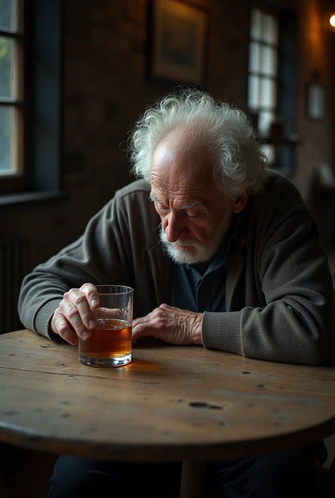 sad old man depressed with white skin and white Curly hair and his hands on an empty wooden table with drink in one hand