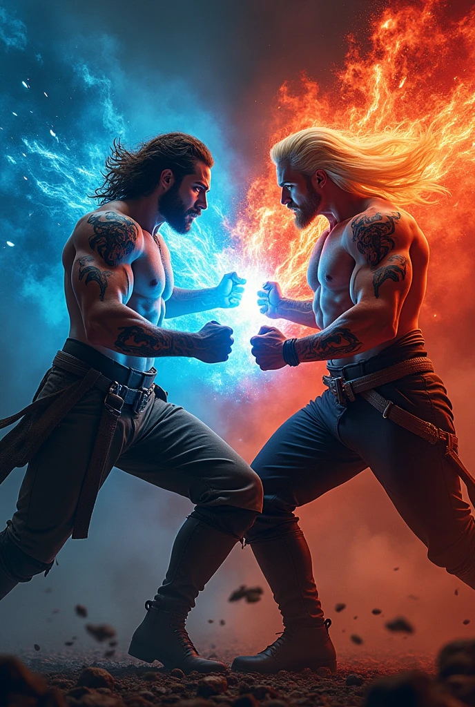 Make a movie poster for a movie called Shadow hunters where 2 men are fighting , a muscular man with messy brown hair , with brown pants medieval style, with blue demonic style tattoos this one has blue energy powers, , fighting a tall muscular blond haired man ,Long hair, with black pants and black boots, and he has red tattoos , Tattoos with demonic symbols.this one has red energy powers .
Movie poster style that is called Shadow hunters