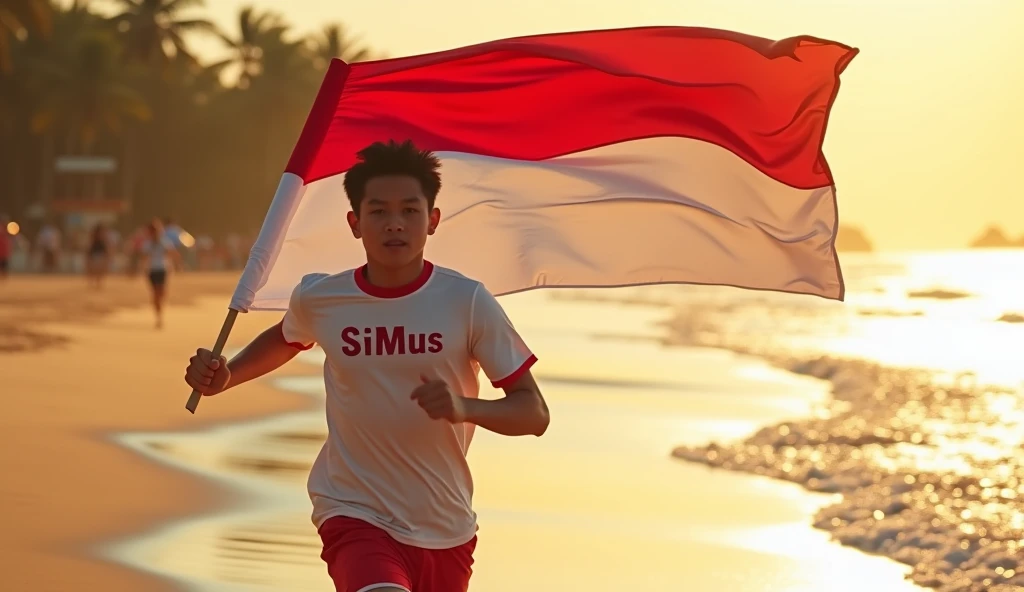 a young man wearing a t-shirt that reads 'SiMus', running on the beach, carrying a red and white Indonesian flag, beautiful detailed face, realistic, photorealistic, 8k, high quality, detailed lighting, dynamic pose, ocean waves, golden sand, sunset lighting, cinematic, vibrant colors, detailed texture, masterpiece